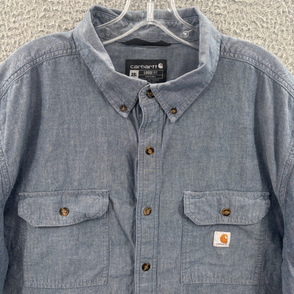 Carhartt Shirt Men 2XL Blue Chambray Short Sleeve Button Down Loose Fit TW4369-M